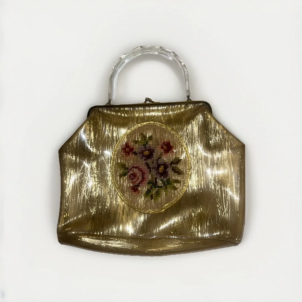 Vintage Kiss Lock Handbag Gold Vinyl Cocktail Party Trendy Y2K Date Night